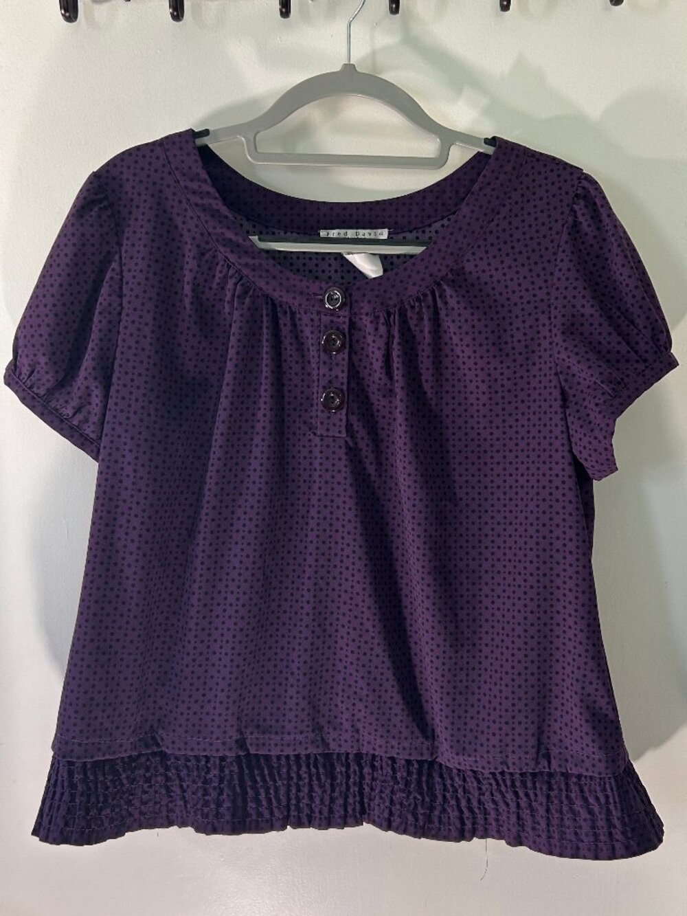 Fred David Purple Polka Dot Stretch Top Puff Sleeve Peasant Blouse - Sz Large